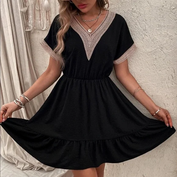 Boho Sheer Mesh Crochet Lace Flounce Sleeve Ruffle Dress - Picture 10 of 15